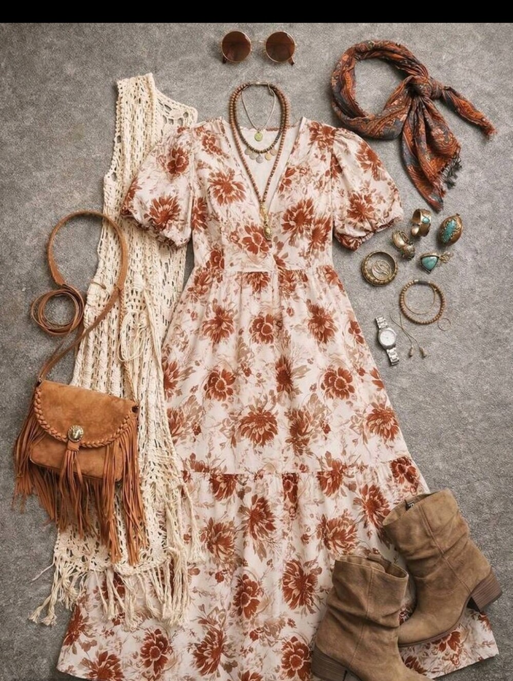 BRAND NEW ** BOHO Floral Puff-Sleeve Maxi Dress in Rust and Cream